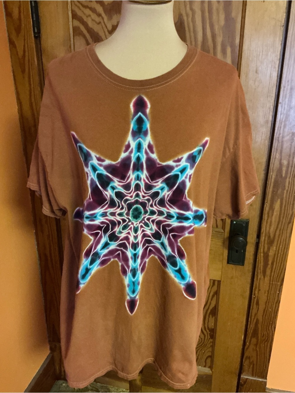 Hand Dyed Tie Dye T-Shirt XL Rust Brown Psychedelic Star Mandala Boho Hippie - Picture 7 of 10